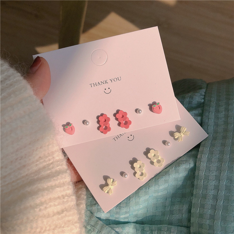 Pink + white set of earrings ~ girly sweet flower peach bow earrings pearl early spring earrings trend