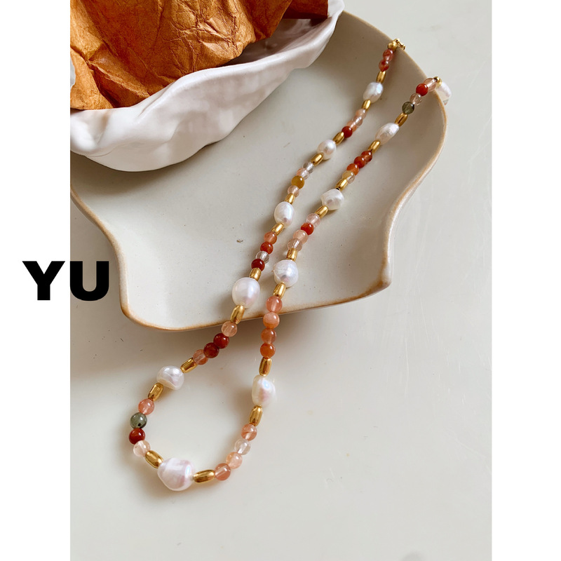 Yuyu jewelry colorful beaded necklace bracelet natural stone crystal freshwater pearl bohemian dopamine titanium steel