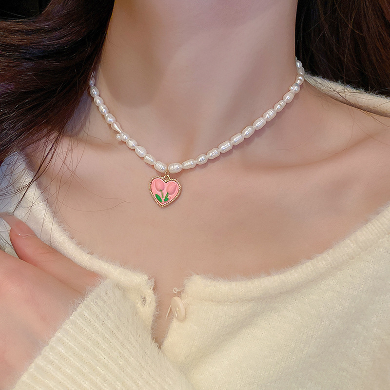 Flower Love Freshwater Pearl Necklace French Girl Heart Sweet Clavicle Chain Tulip Sexy Versatile Temperament Necklace