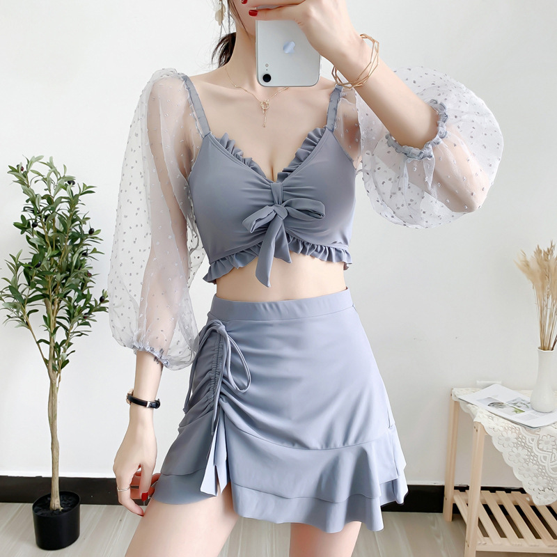 Swimwear women's split sexy bikini skirt style long-sleeved hot spring slimming small breasts gathered 2024 new large size outfit