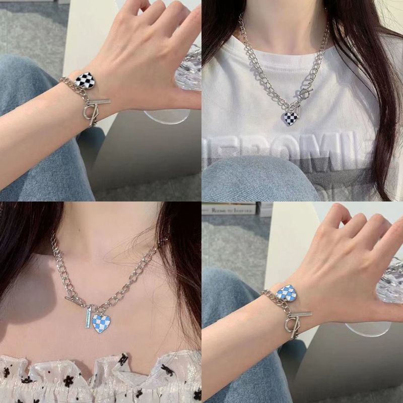 Japanese and Korean soft girl checkerboard love pendant necklace women's bracelet set niche design trendy sweater chain