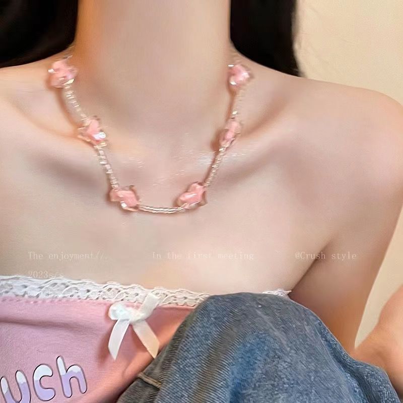 Pink Love Beaded Necklace Summer Sweet and Versatile Soft Cute Girls Accessory New Year's Clavicle Chain