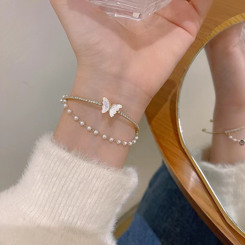 ins trendy bracelet light luxury niche design double layer butterfly bracelet for women versatile zircon temperament pearl chain bracelet