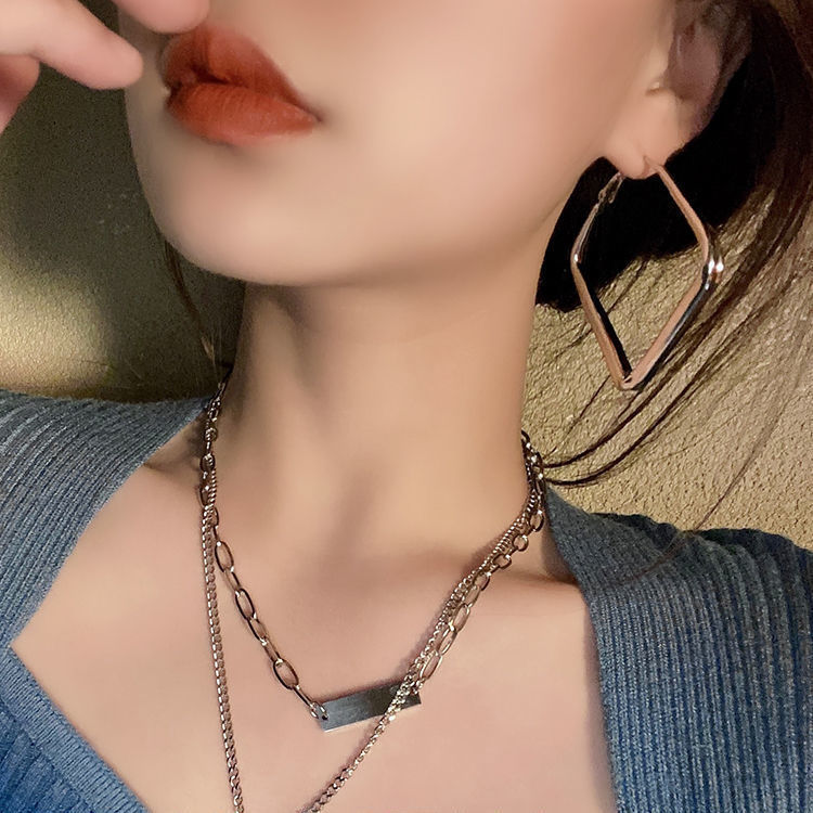 Hip-Hop Internet Celebrity Silver Square Earrings New Year's Trendy Earrings Simple and Cool Style Earrings for Women Summer