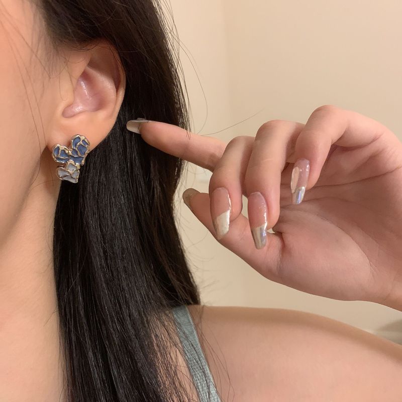 S925 silver needle retro style irregular blue love earrings high-end trendy earrings contrasting color personalized earrings
