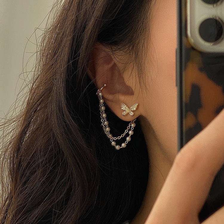 French retro zircon butterfly pearl chain tassel ear cuff earrings versatile niche style earrings stud earrings
