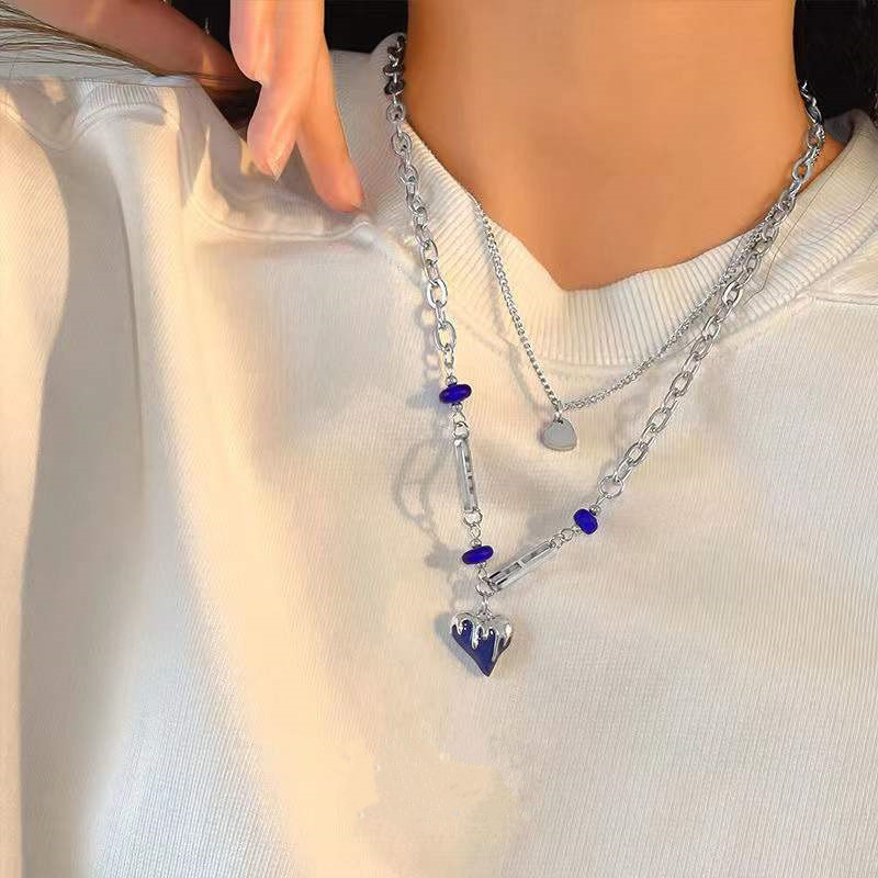 European and American ins versatile Klein blue love double-layer stacked necklace feminine design sweet and cool clavicle necklace
