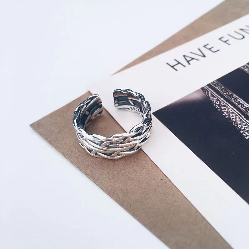 [Copper] Korean wide braided retro open ring for women, simple and versatile, distressed and personalized index finger ring