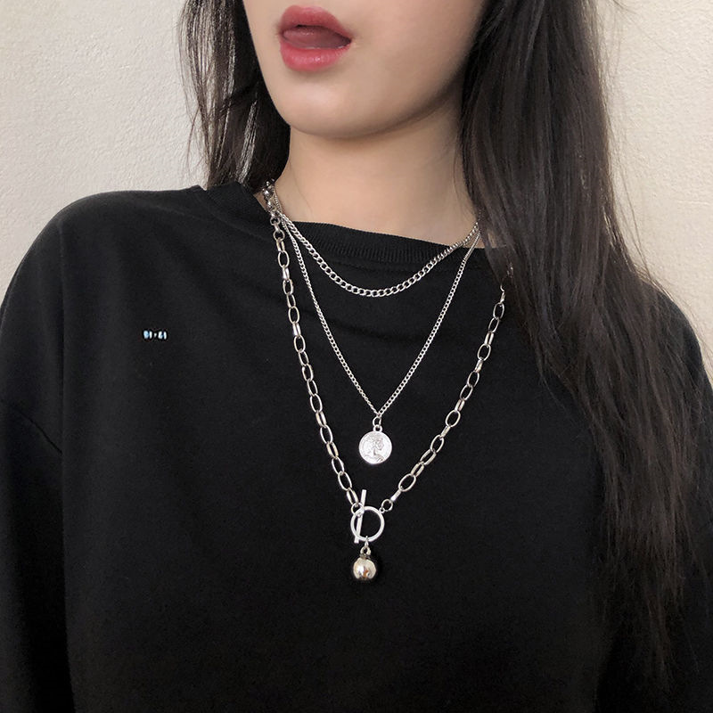 European and American INS Internet celebrity cold style Harajuku hip-hop three-layer necklace beauty head coin metal ball street shooting sweater chain