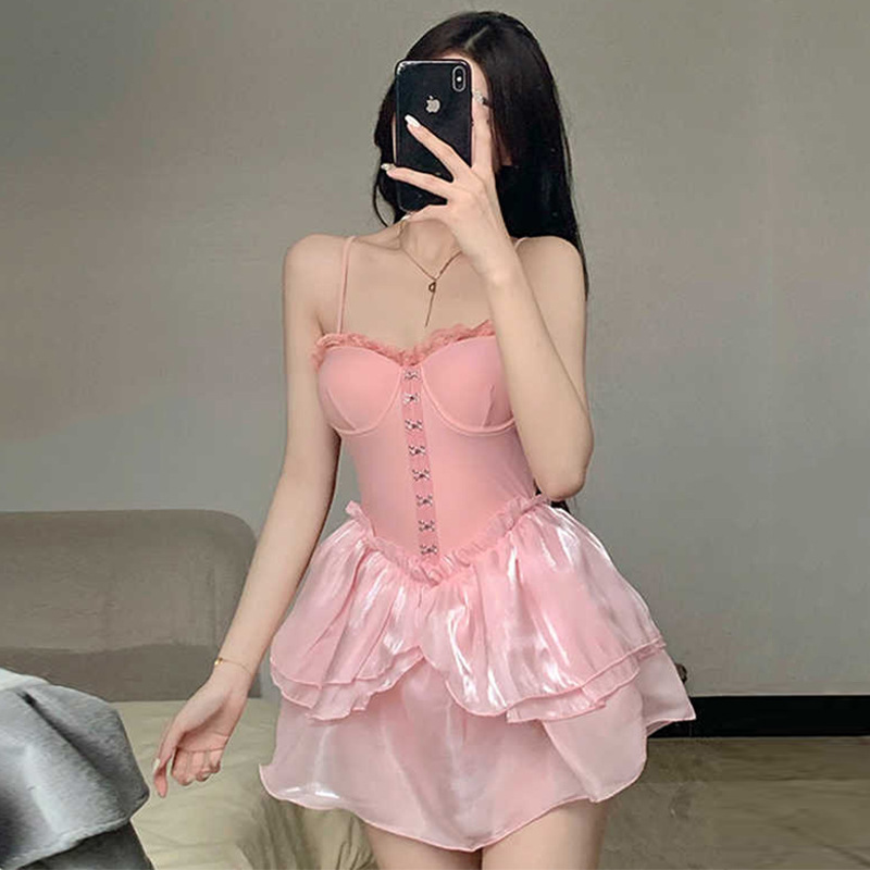 Women's swimsuit one-piece suspender solid color underwire one-piece skirt style internet celebrity style hot spring swimsuit slim sexy swimsuit wholesale