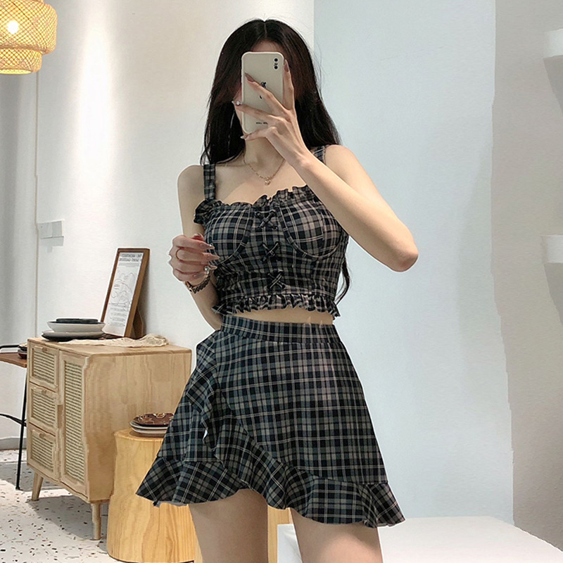 Swimsuit Women's Suspension Split Two-piece Swimsuit Retro Plaid Girl Conservative Slim Vacation Hot Spring