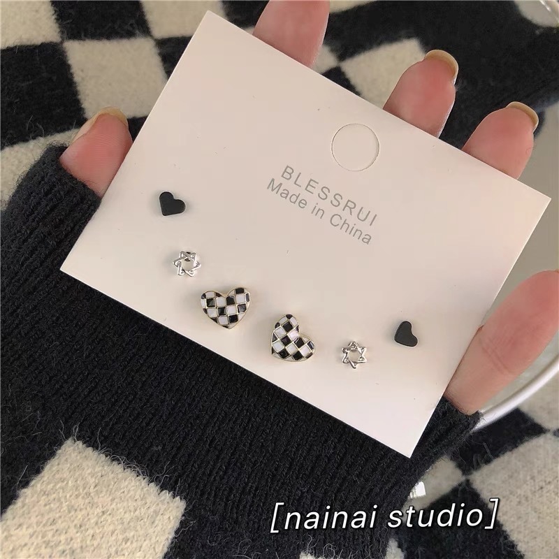 Checkerboard Heart Bow Set Earrings ~ Black Heart Dark Style Hot Girl Earrings Women's Earrings