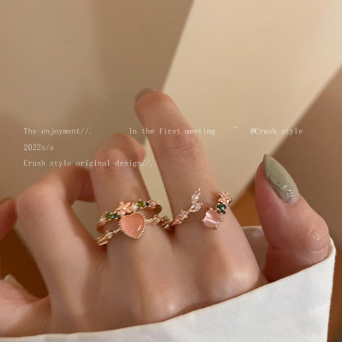 Double-layered love zircon open ring for women, sweet design, niche high-end index finger ring, internet celebrity adjustable ring