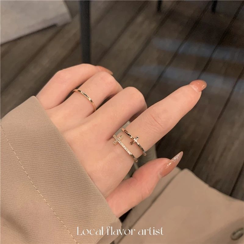 Light luxury ring micro-paved zircon double-layer cross simple cold style ring opening niche design for women