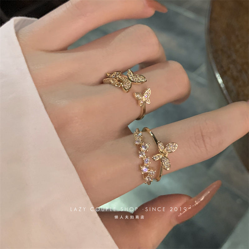 Korean style light luxury butterfly ring for women ins cold style niche design opening adjustable non-fading double layer ring