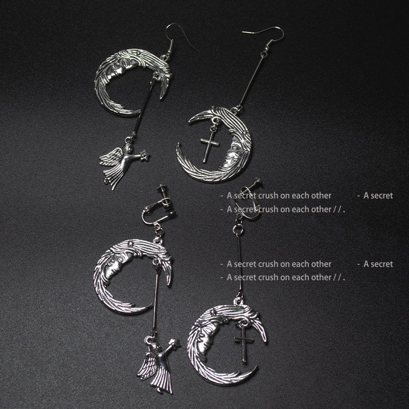 European and American style earrings, Gothic punk trend, retro moon angel cross combination, no pierced ear clips, earrings, earrings