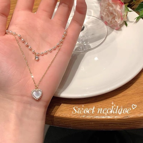 Summer pearl double-layer love necklace women's light luxury high-end design niche stacking exquisite clavicle chain necklace ins