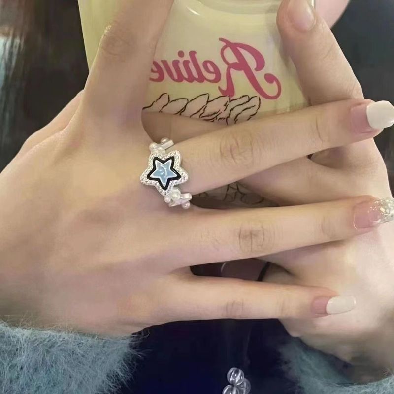 Hip-hop personalized lucky bread star ring light blue drip glaze smiley ring couple ring opening adjustable