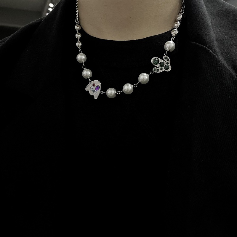 ins trendy brand diamond-studded funny ghost splicing cactus pearl Cuban necklace hip-hop versatile clavicle chain