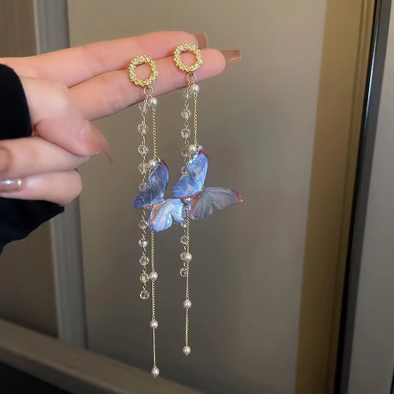 Ins trendy Japanese and Korean niche design long tassel butterfly earrings feminine temperament versatile fashion earrings earrings