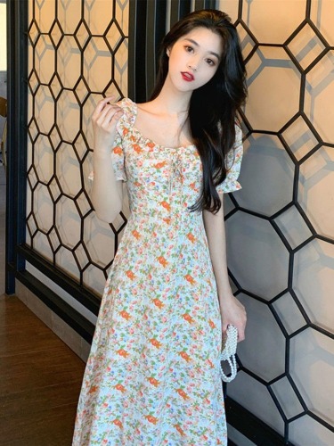 New style salty or sweet long skirt, waist slimming and temperament goddess style French fairy floral dress summer