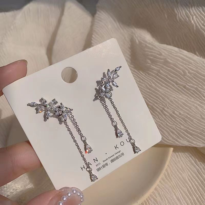 s925 Korean version super flash zircon flower earrings light luxury niche high-end design long tassel earrings
