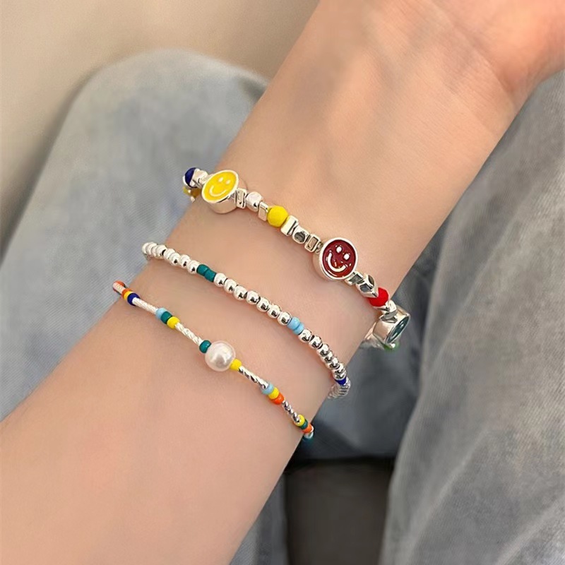 Rainbow Smiley Face Beaded Bracelet Women's Niche Versatile Sweet Temperament Stacking Unique Hand Jewelry New Accessories
