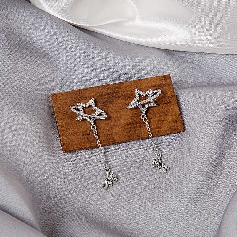 Long tassel micro-paved zircon bear pendant earrings simple cold style five-pointed star slimming face earrings for women silver needle