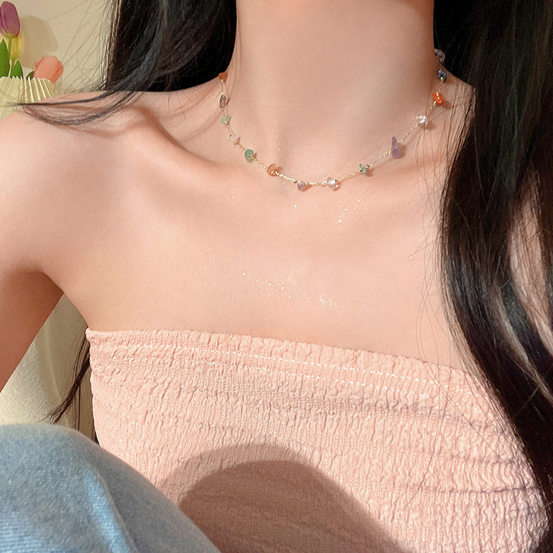 Colorful gravel necklace women's summer new style trendy simple versatile niche temperament girly clavicle chain fashion bracelet