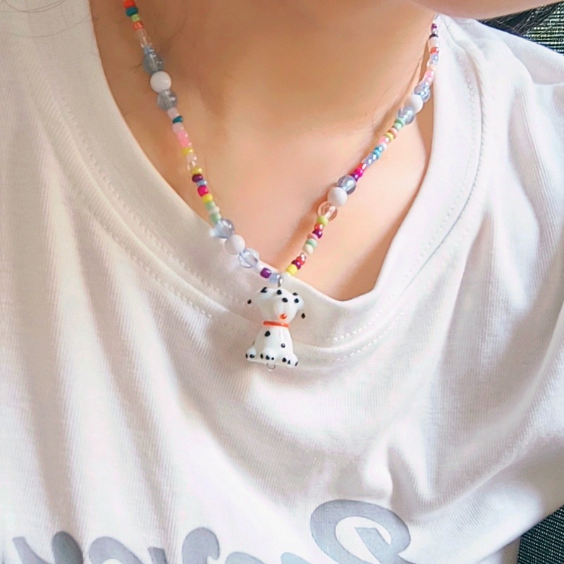 Cartoon dog colorful beaded necklace for women summer cute childlike versatile niche soft cute girl clavicle chain new style