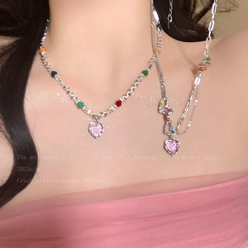 A must-have for sweet and cool girls~Colorful love heartbroken silver clavicle chain for women in summer ins niche design accessories