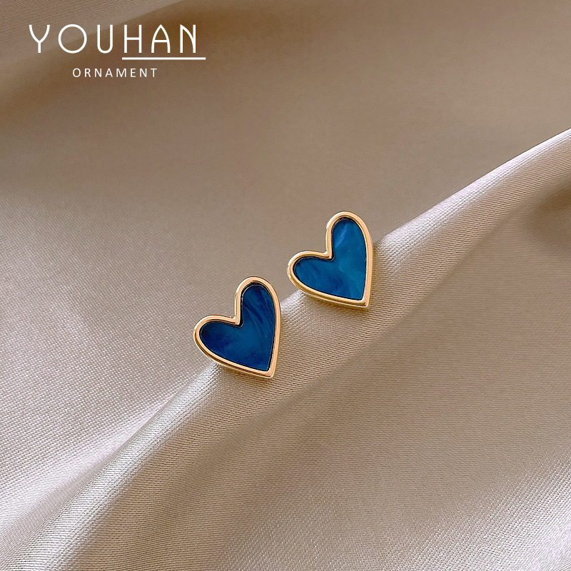 Blue love earrings for women Korean temperament Internet celebrity 925 silver needle earrings small and exquisite girly heart sweet earrings