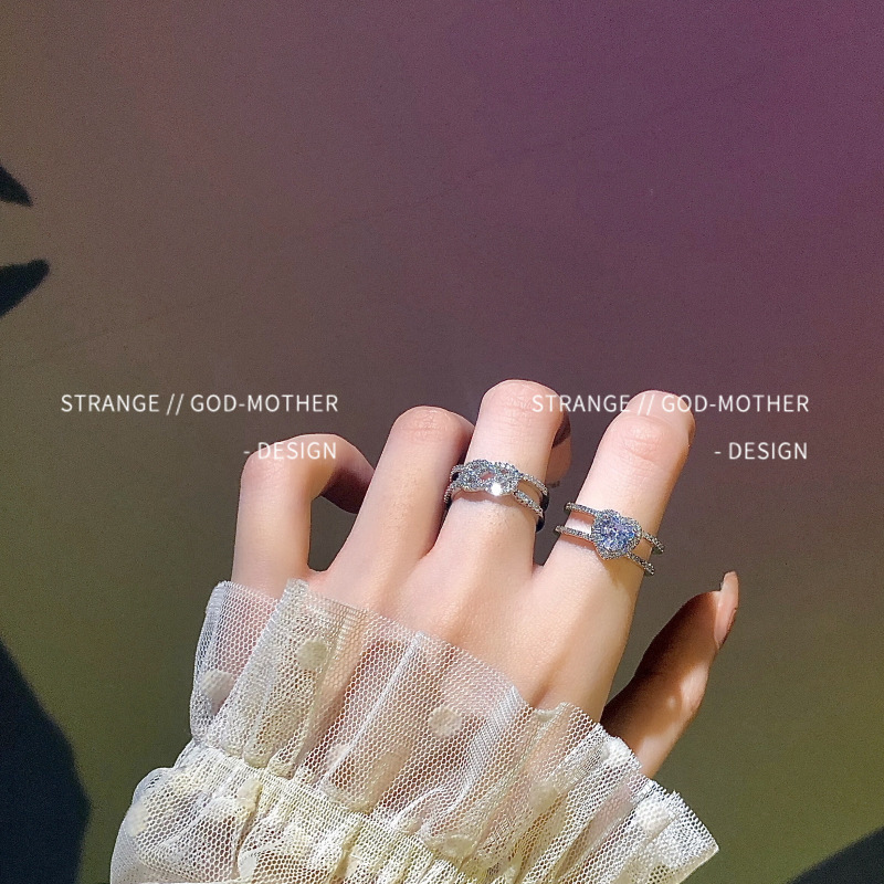 Sensitive love ring for women, ins fashion, compact design, double-layered ring, heart-shaped zircon rhinestone index finger ring