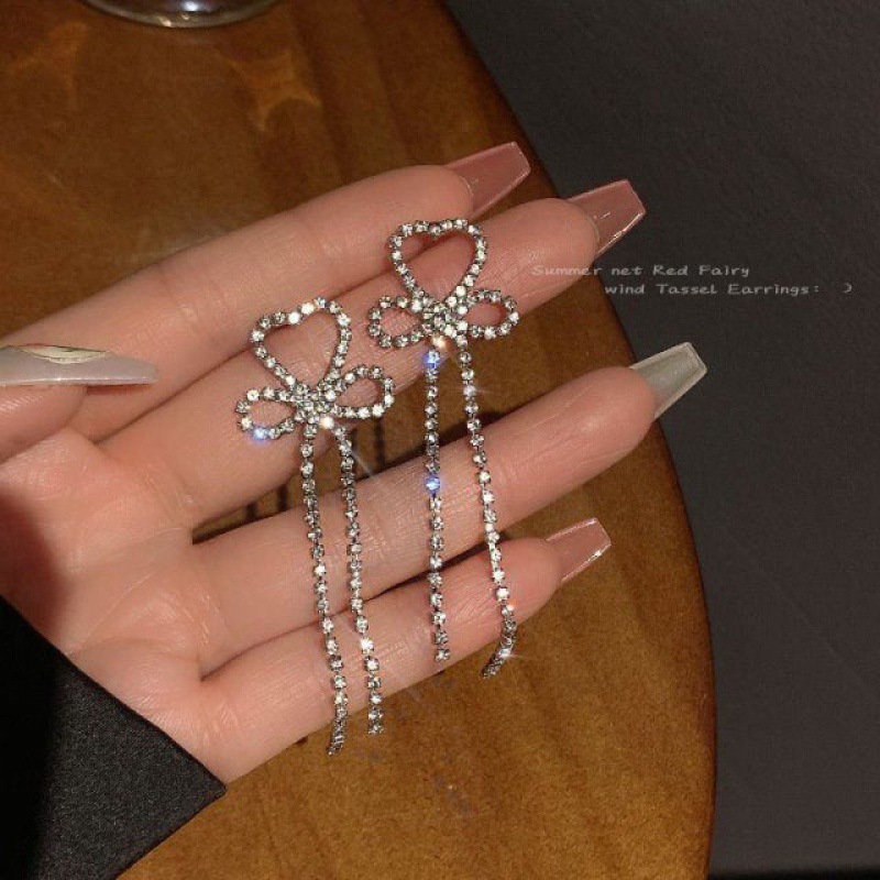 Light luxury rhinestone bow tassel earrings for women summer super fairy long earrings exquisite Korean style niche earrings