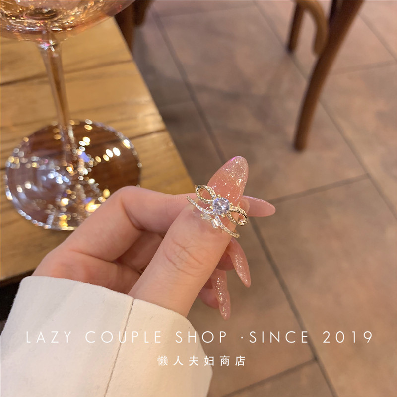 Fairy ring!  Light luxury and high-end micro-paved zircon ultra-glitter bow open temperament ring new trend