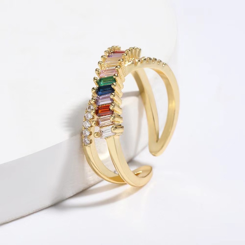 Light luxury and high-end color zircon cross ring for women, versatile European and American style fashionable open index finger ring