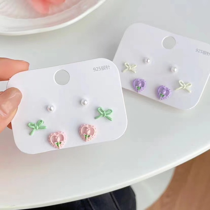 s925 set of earrings for women, bows, love tulip earrings for women, sweet niche, fresh summer versatile earrings