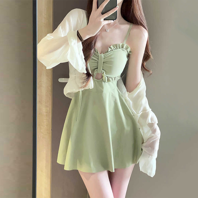 Women's swimsuit one-piece suspender two-piece sun protection long-sleeved small coat dress conservative hot spring swimsuit slim vacation