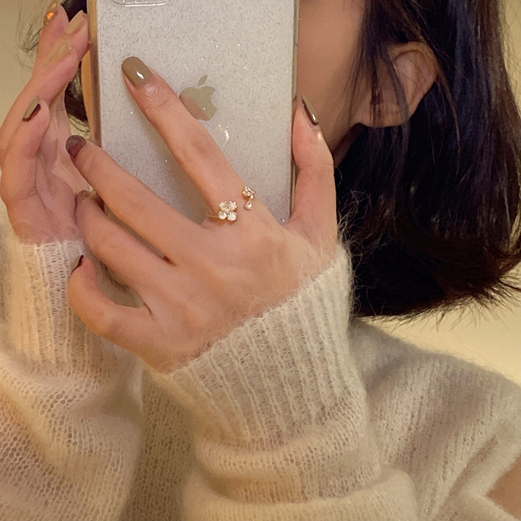 Gentle temperament flower ring for women exquisite pearl zircon Korean internet celebrity versatile open adjustable index finger ring