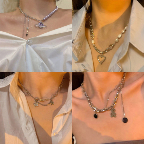 Hot girl's sweet and cool cosmic Hao stone artificial pearl necklace women's ins trend double-layered love hip-hop clavicle chain