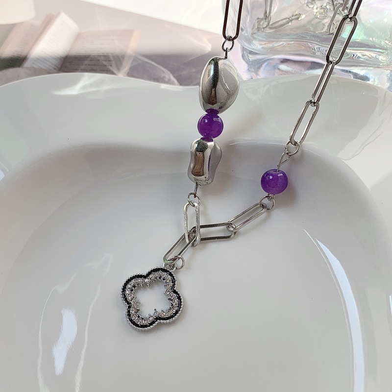 Autumn new niche purple beads versatile simple four-leaf clover temperament light luxury style necklace necklace