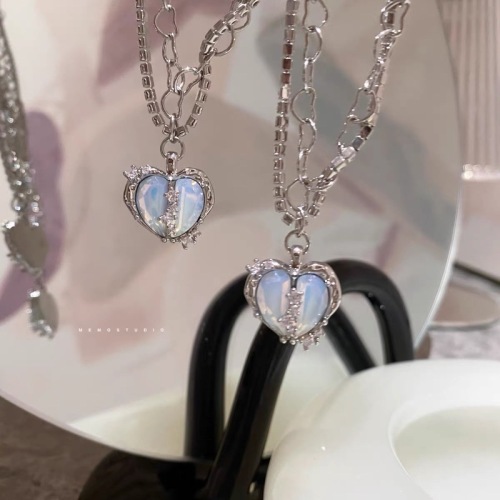 Split love multi-layer flash diamond zircon necklace milk white blue love earrings ring sweet and cool temperament advanced clavicle chain