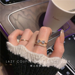 Super flash bow tie ring for women ins niche design light luxury high-end micro-inlaid zirconium double-layer open ring for women