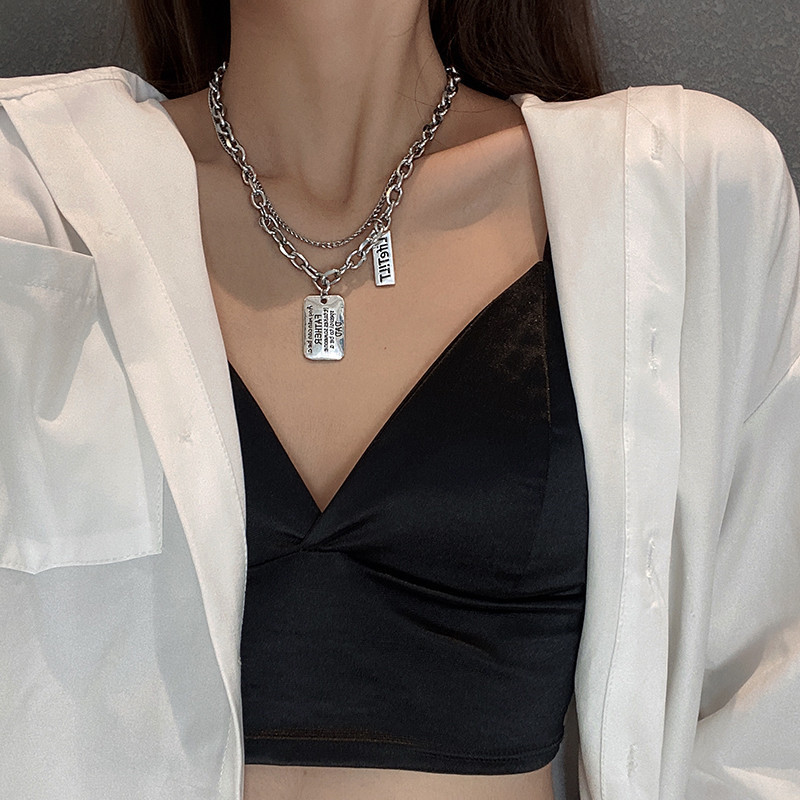 Letter double-layered necklace for women ins trend internet celebrity hip-hop style European and American personality pendant street brand chain