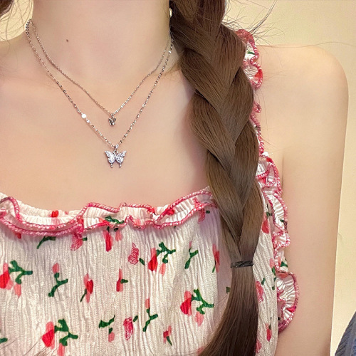 Light luxury niche double-layer stacked butterfly necklace new fairy clavicle chain ins cold style necklace