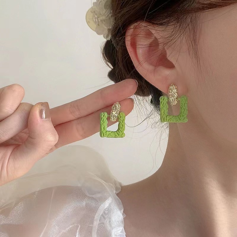 Summer small fresh green square earrings new trendy niche temperament design forest style earrings stud earrings