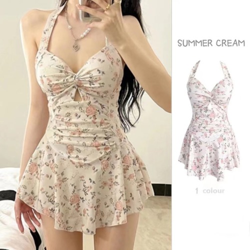 2024 new women's summer one-piece swimsuit slimming floral skirt style conservative belly-covering sweet girl hot spring swimsuit