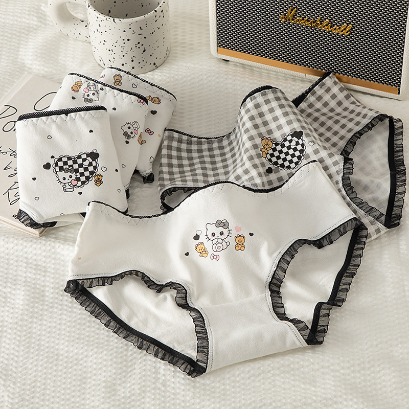 [23 New Style] Japanese black and white cat cute women's pure cotton underwear, cotton crotch student girl's briefs