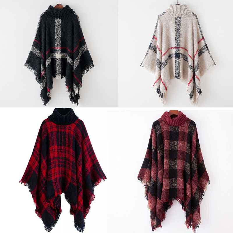 European and American foreign trade original single high-collar plaid cape loose bat-sleeve knitted pullover women's circle yarn pullover shawl