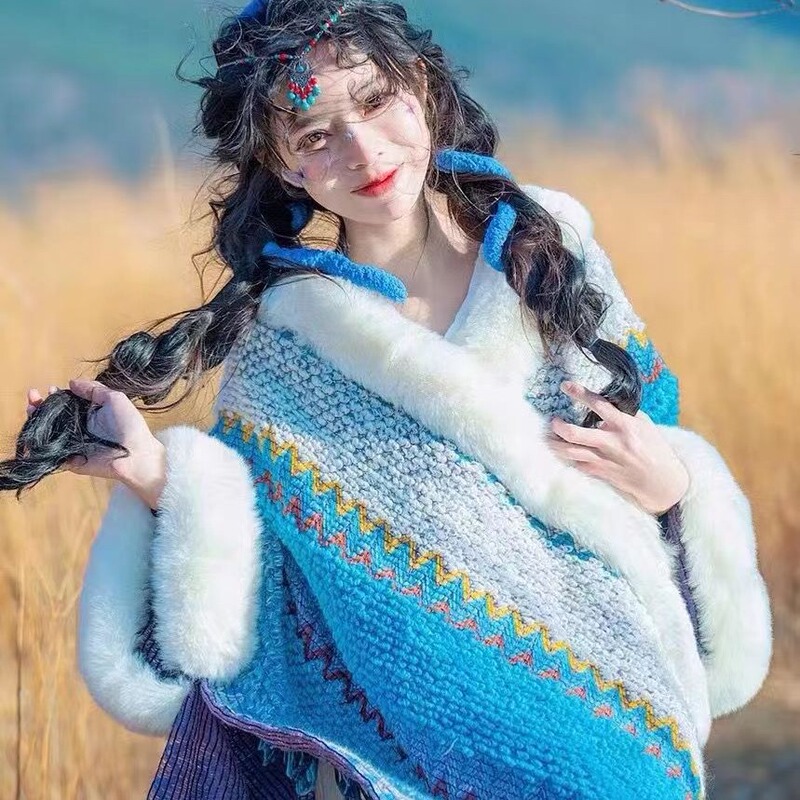 Lijiang Dali hanging ball shawl imitation rex rabbit fur oversized fur collar ethnic style scarf cloak sleeved coat women's cloak